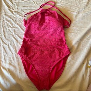Reaction Kenneth Cole pink crochet halter neck tie bathing suit